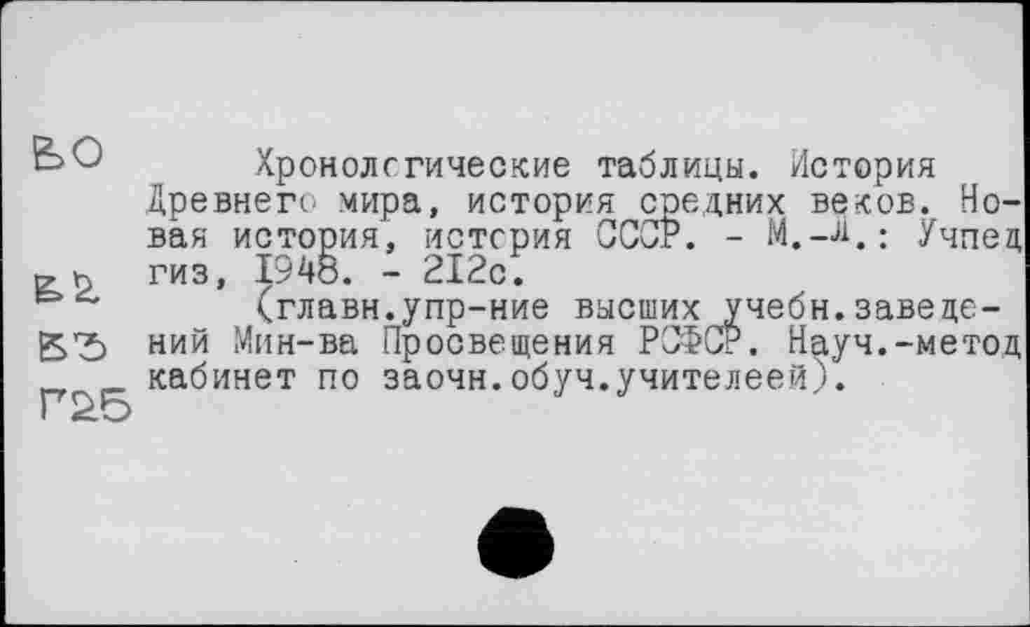 ﻿ьо
Г£5
Хронологические таблицы. История Древнего мира, история средних веков. Новая история, история СССР. - M.-J1. : Учпед гиз, 1948. - 212с.
(главн.упр-ние высших учебн.заведений Мин-ва Просвещения РСФСР. Науч.-метод кабинет по заочн.обуч.учителеей).